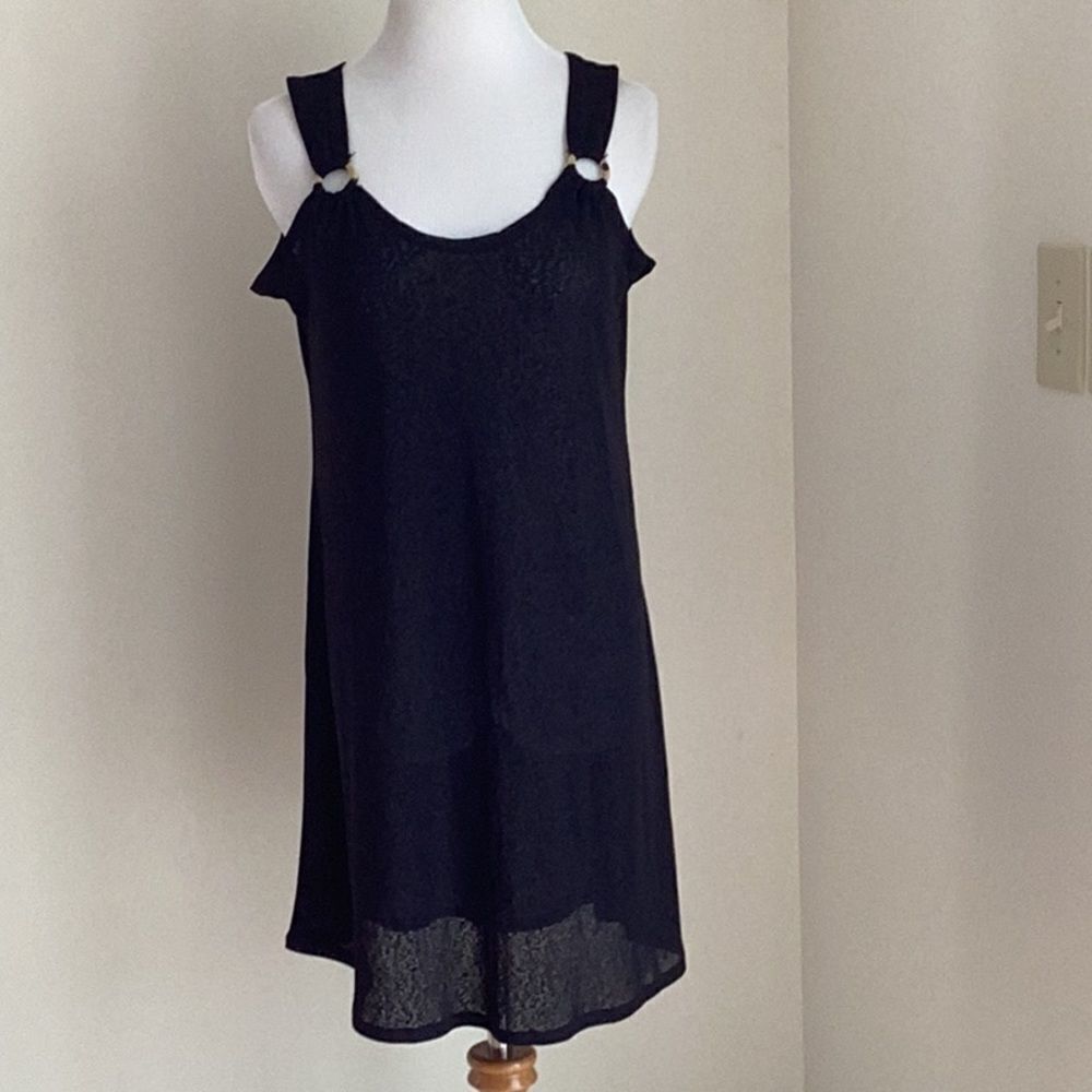Black sheer dress polyester size medium with round ring accents